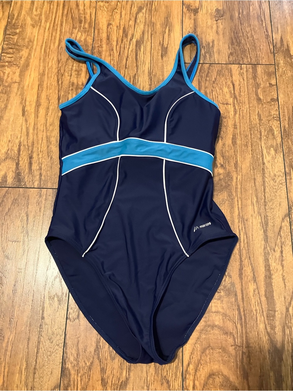 Navy One-Piece Swimsuit with Light Blue Trim
